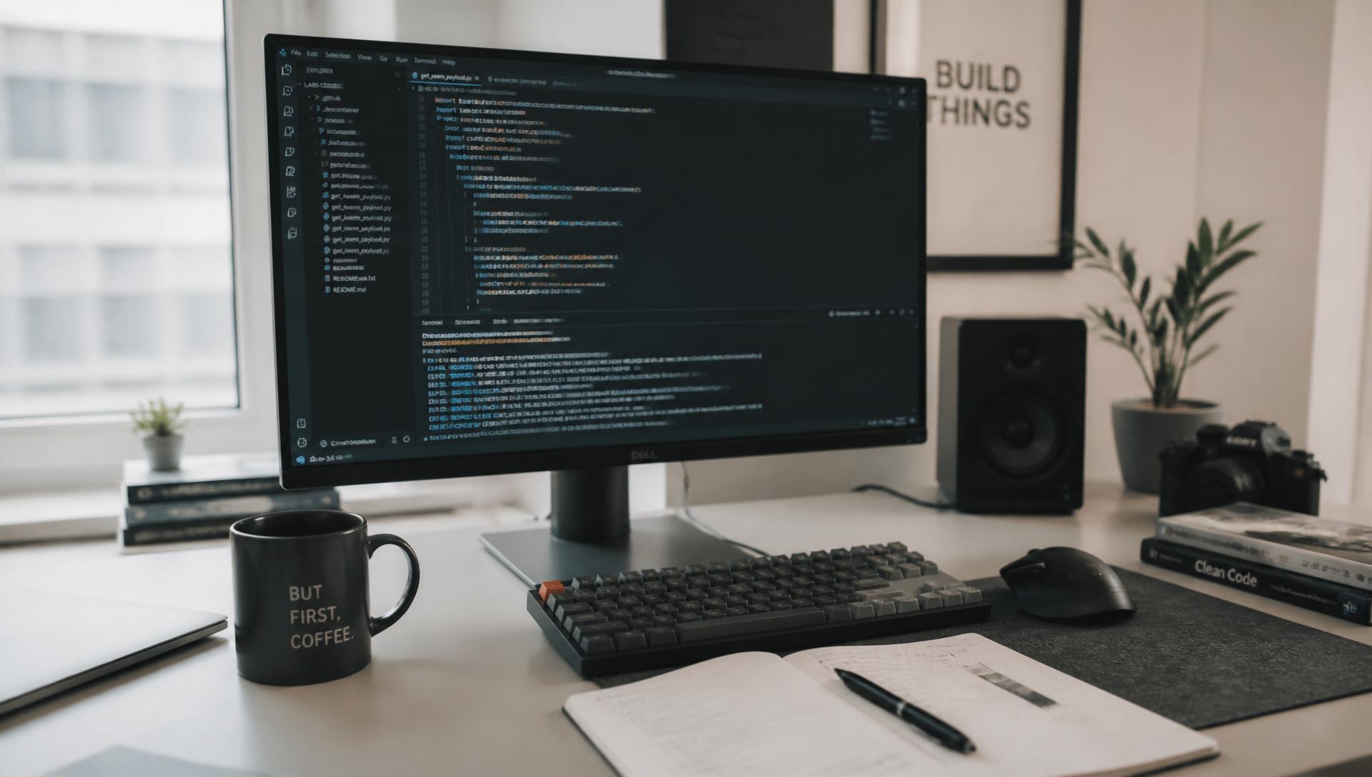 Software development workspace with a large monitor showing a code editor, keyboard and notebook in daylight